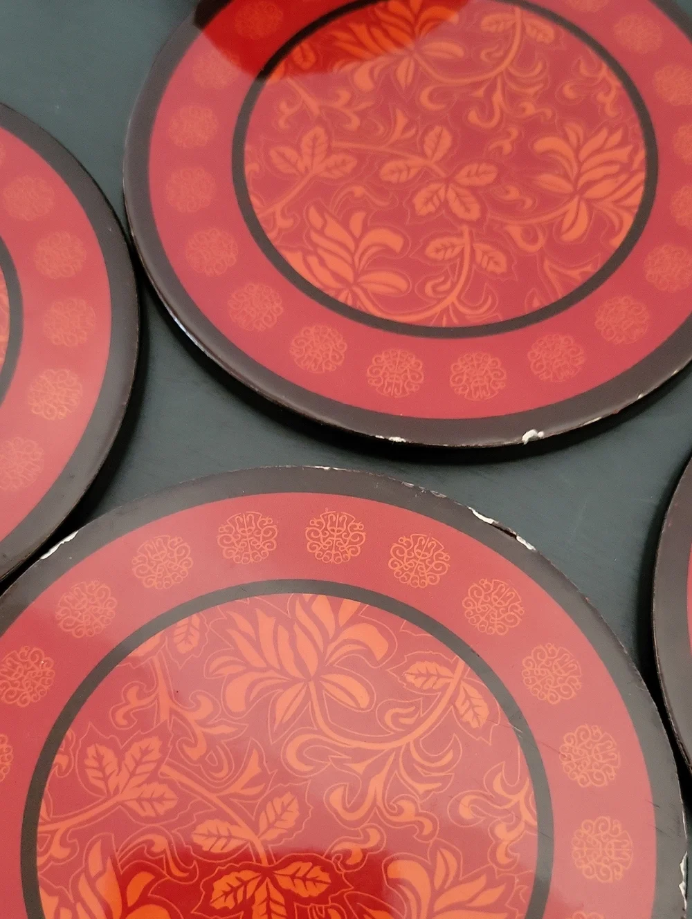 Vintage Japanese Laquerware Red Floral Coaster Set with Holder